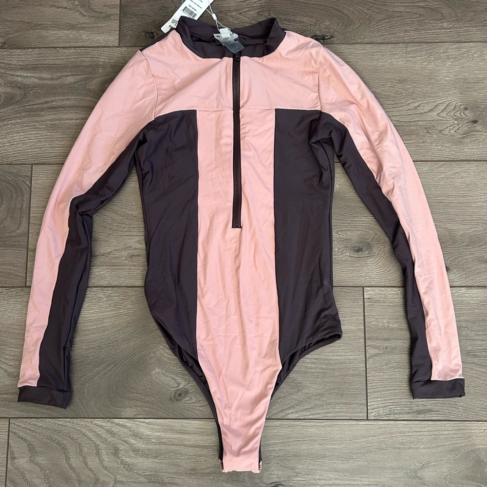 NWT PILYQ Pink and Brown Long Sleeve Bodysuit Size Medium